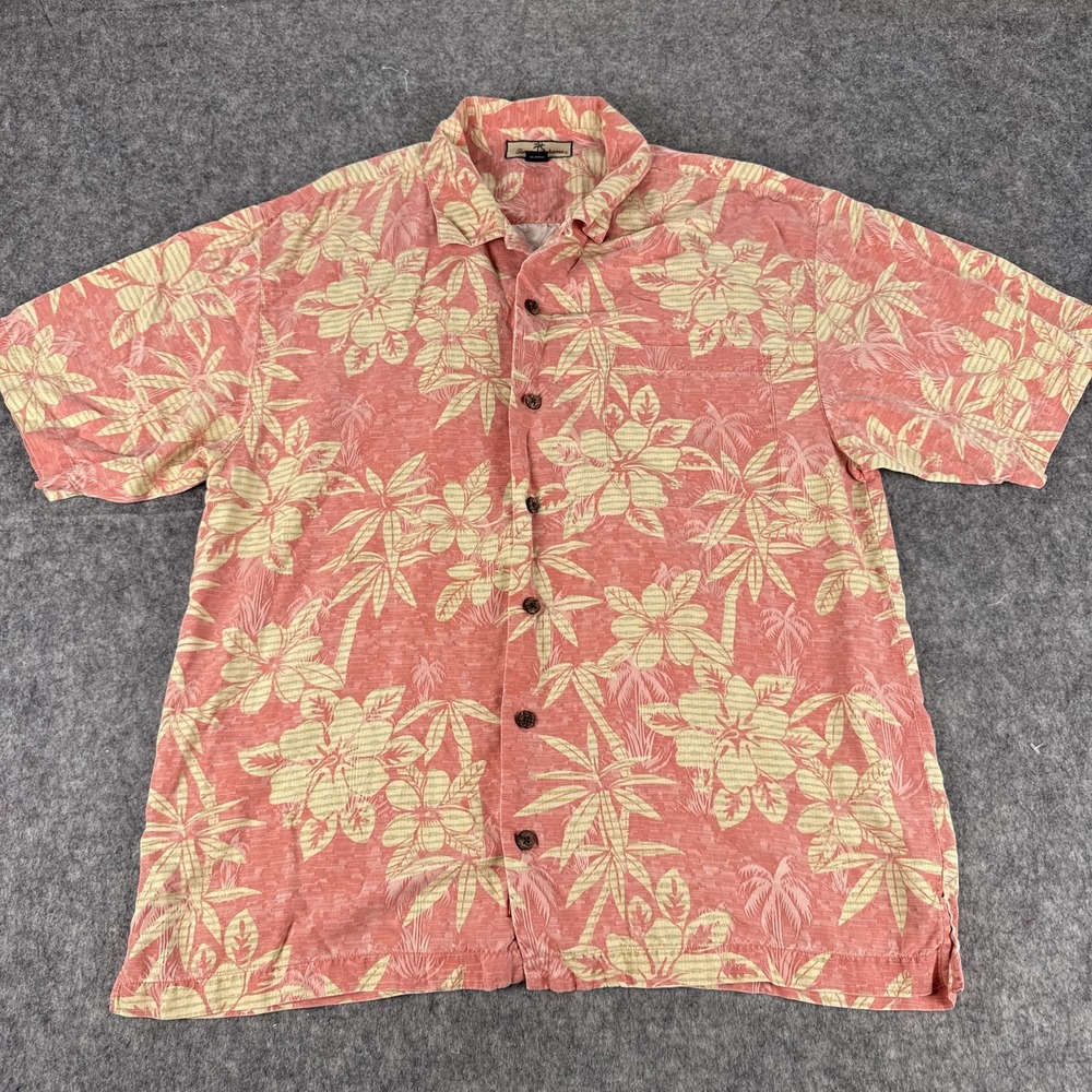 Tommy Bahama Shirt Mens Large Pink Silk Floral Hawaiian Button Up Camp Casual